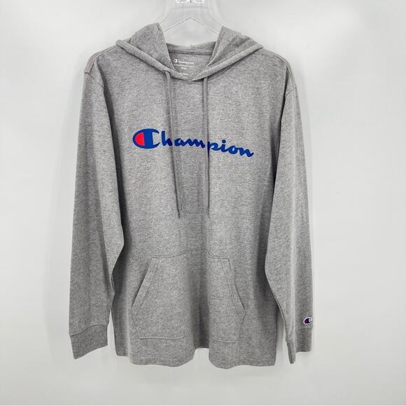 Champion heather gray pullover hooded long sleeve tee shirt M - Picture 9 of 9